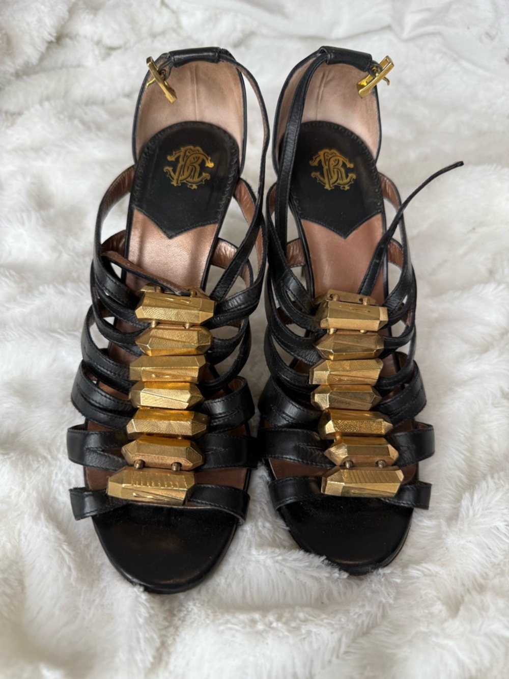 Black Leather Strappy Heels with Gold Accent
